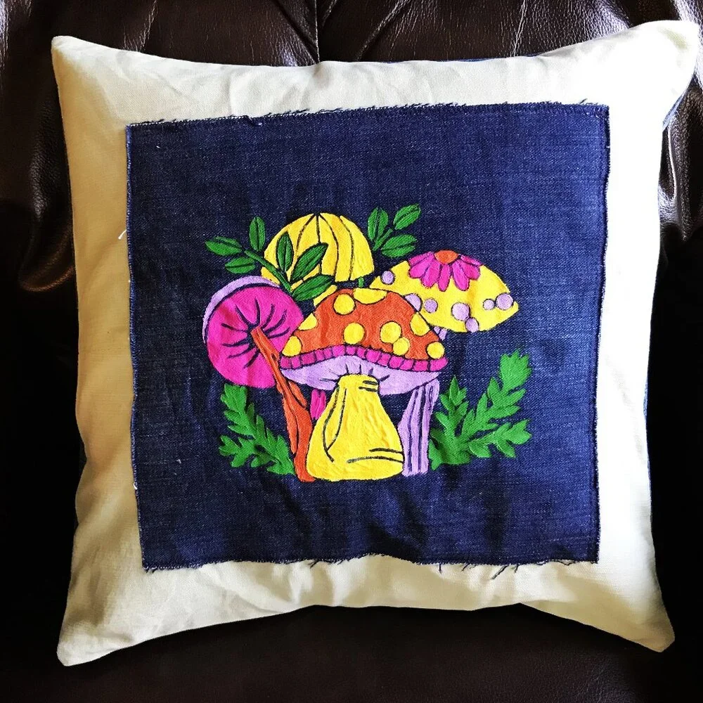 Mushroom Pillow Cover 16 x 16, Hand Painted Envelope Style Cottagecore Sham